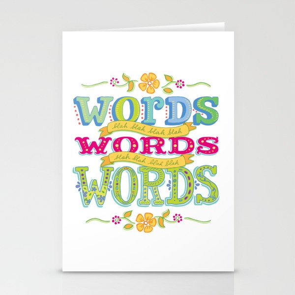 Words, Words, Words, handlettered, illustration, typography, colorful sayings, gifts for writers Stationery Cards