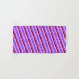 [ Thumbnail: Violet, Medium Slate Blue & Red Colored Lined Pattern Hand & Bath Towel ]