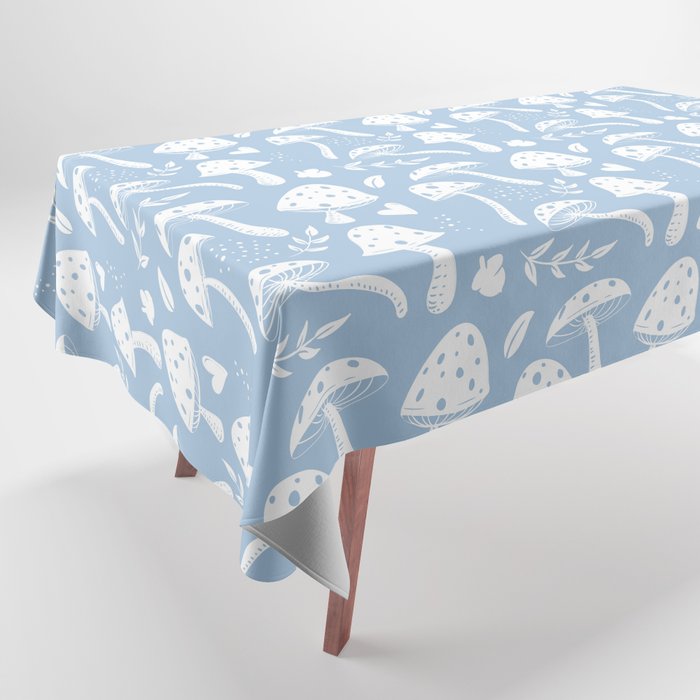 White Mushroom Seamless Pattern on Pale Blue Background Tablecloth