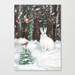 White rabbit in the snowy forest Canvas Print