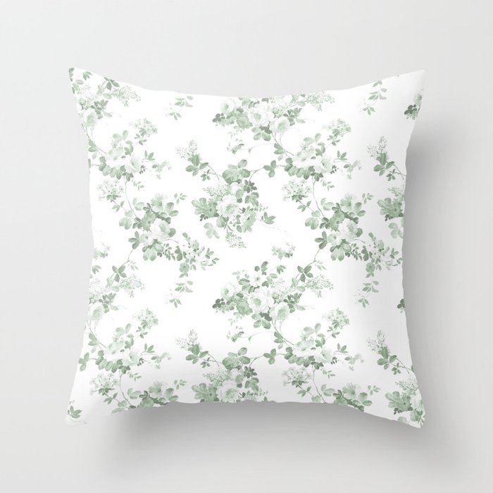 Elegant vintage green white roses shabby floral Throw Pillow