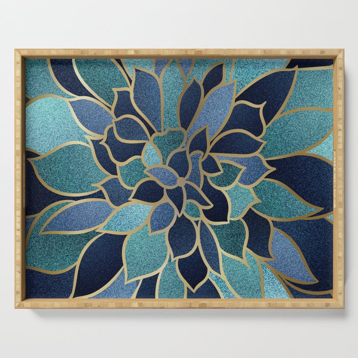Festive, Floral Prints, Navy Blue, Teal and Gold Serving Tray
