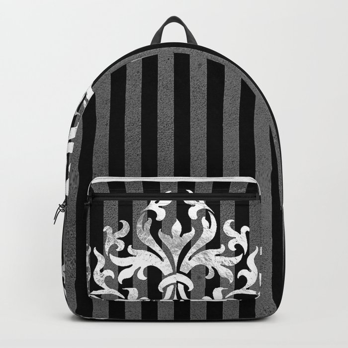 GOTHIC CHRISTMAS  BLACK AND GREY STRIPES WITH ORNATE SILVER WHITE EMBELISHMENTS Backpack