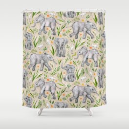 Baby Elephants and Egrets in Watercolor - neutral cream Shower Curtain