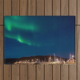 Norway Photography - Northern Light Over Lighted Docks Outdoor Rug