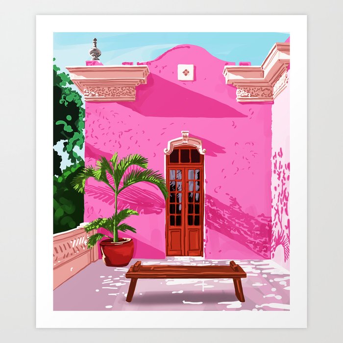 Pink Building Architecture | Pop Art Travel House Painting | Modern Bohemian Décor Spain Palace Art Print