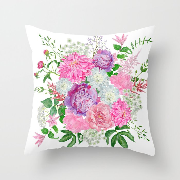 Pink Bouquet Of Garden Flowers Throw Pillow By Helenaart Society6