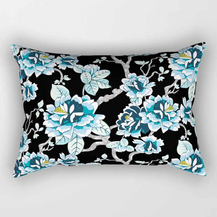 Spring Flowers Pattern Blue on Black Rectangular Pillow