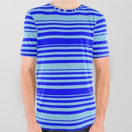 [ Thumbnail: Blue and Sky Blue Colored Pattern of Stripes All Over Graphic Tee ]