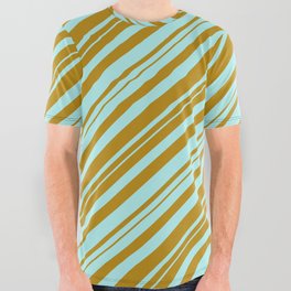 [ Thumbnail: Dark Goldenrod & Turquoise Colored Lines/Stripes Pattern All Over Graphic Tee ]
