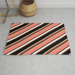 [ Thumbnail: Salmon, Brown, Black & Light Cyan Colored Pattern of Stripes Rug ]