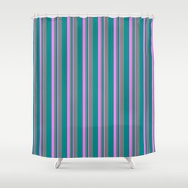 [ Thumbnail: Dark Cyan, Grey, and Violet Colored Stripes/Lines Pattern Shower Curtain ]