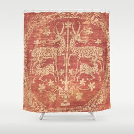 Antique Distressed Red Motif with a Deer, Fawn and Tree Shower Curtain
