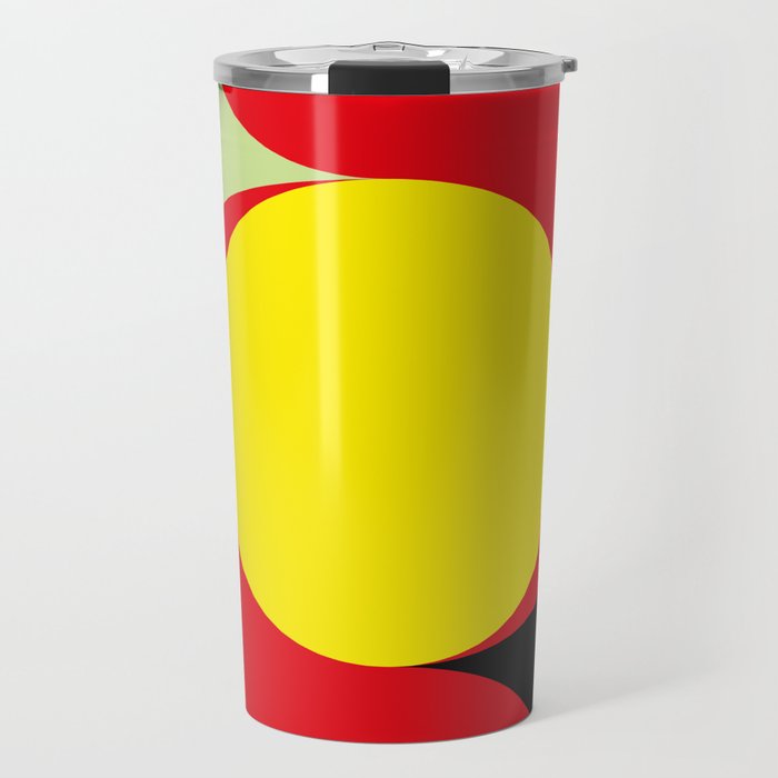 This is a sun splitting the sky in two sides, one black, one green. Spitting deep red round rays. Travel Mug