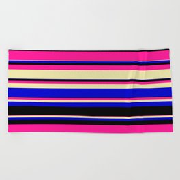 [ Thumbnail: Deep Pink, Pale Goldenrod, Blue, and Black Colored Striped/Lined Pattern Beach Towel ]