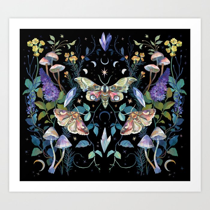 Crystals Moth Mushrooms Art Print