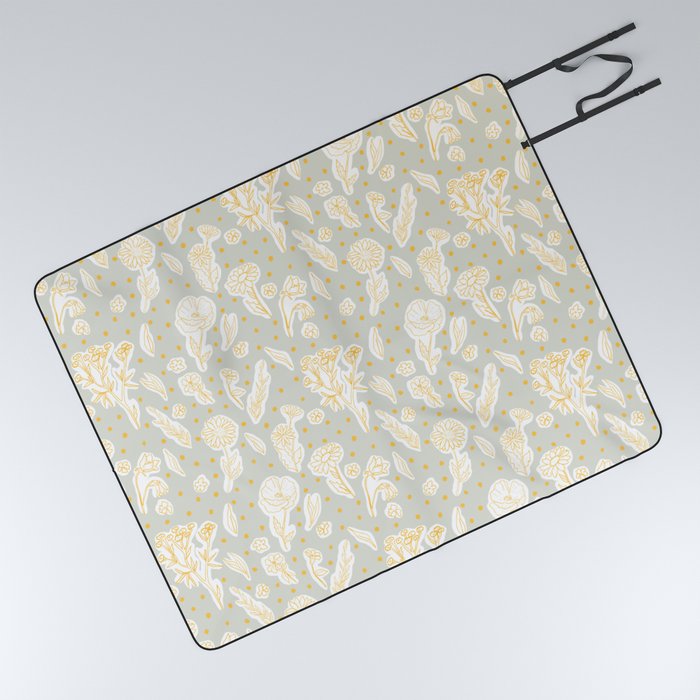 Wildflowers Silhouettes and Dots - Gray, White and Marigold Picnic Blanket