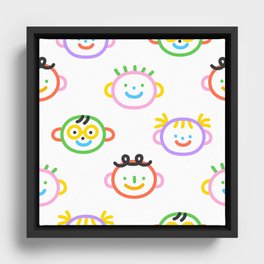 Colorful funny children face doodle pattern print Framed Canvas