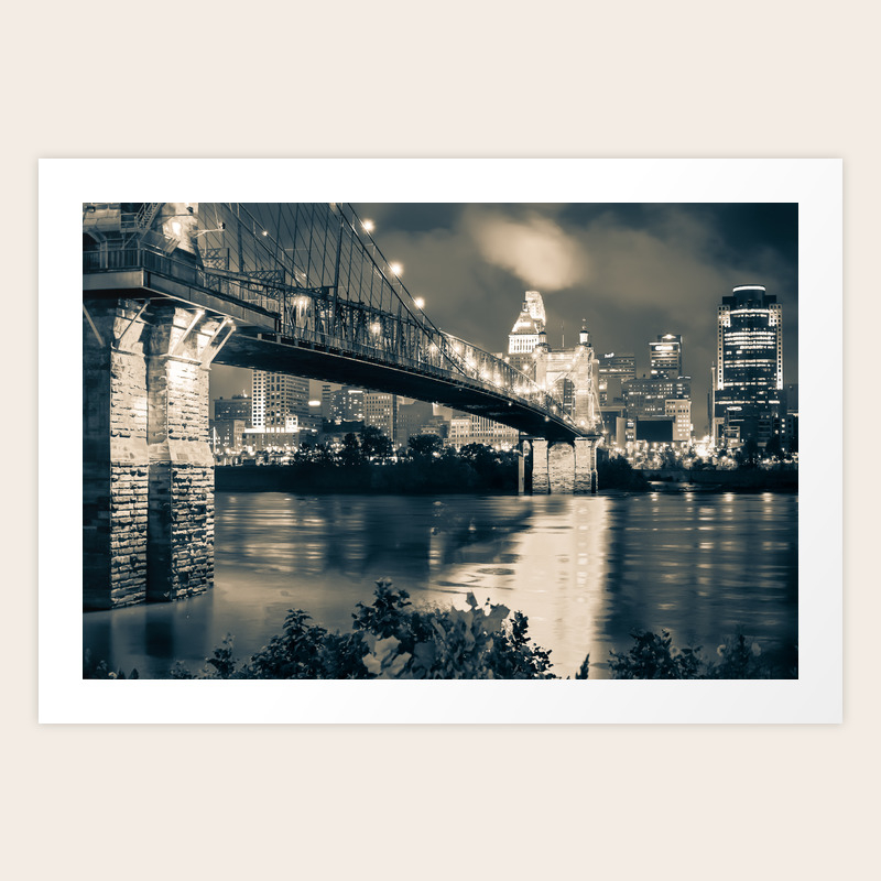 Cincinnati Skyline At Night In Sepia Art Print By Gregoryballosfineart Society6