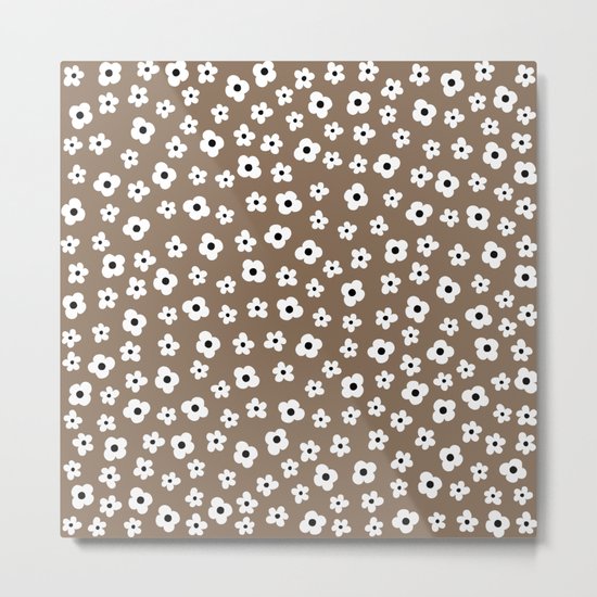 Coffee Brown White Flower Pattern Metal Print