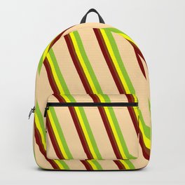 [ Thumbnail: Vibrant Maroon, Tan, Green, Yellow & Brown Colored Lined/Striped Pattern Backpack ]