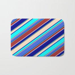 [ Thumbnail: Eye-catching Brown, Bisque, Royal Blue, Dark Blue & Cyan Colored Lined/Striped Pattern Bath Mat ]