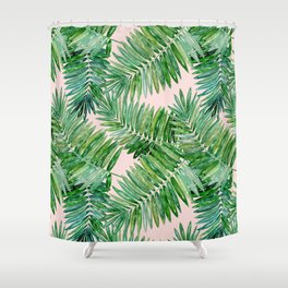 Green palm leaves on a light pink background. Shower Curtain | Tropical, Graphicdesign, Green, Botanical, Flower, Leaves, Watercolor, Pattern, Summer, Digital 