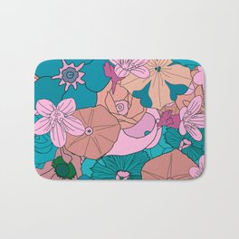 70s Flower Inferno // Turqouise/Pink // Retro floral pattern Bath Mat