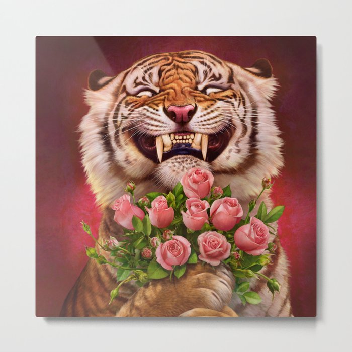 Smiling (shy) Tiger - holding bouquet (rose) Metal Print