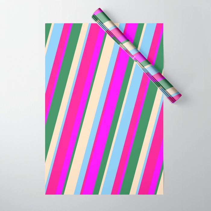 Vibrant Light Sky Blue, Deep Pink, Fuchsia, Sea Green, and Bisque Colored Stripes/Lines Pattern Wrapping Paper