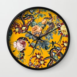 Dangers in the Forest III Wall Clock | Leaf, Summer, Pattern, Retro, Vintage, Forest, Jungle, Snakes, Orange, Rose 