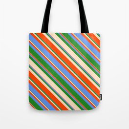 [ Thumbnail: Bisque, Red, Cornflower Blue & Forest Green Colored Stripes/Lines Pattern Tote Bag ]