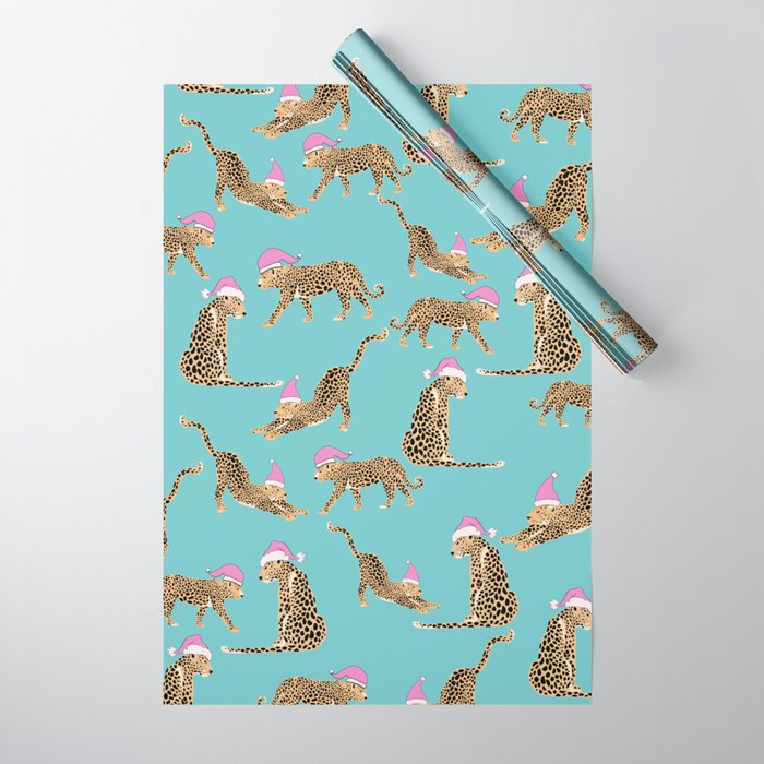 Leopard Santa on Light Blue Wrapping Paper by Sarah Holden