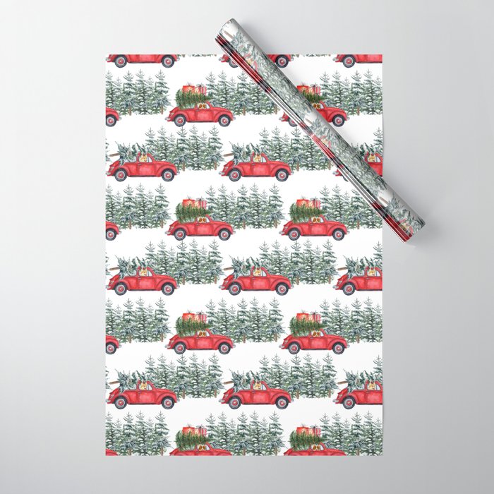 Corgis in car in winter forest Wrapping Paper