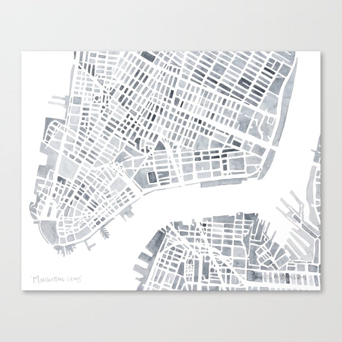 Map Manhattan Gray NYC Canvas Print
