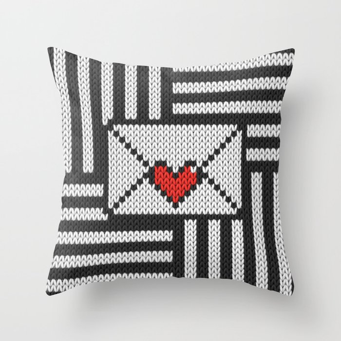 Knitted 8-bit love letter on striped black & white background Throw Pillow