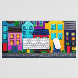 Dot Painting Colorful Village Houses, Hills, and Garden Desk Mat