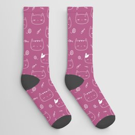 Magenta and White Doodle Kitten Faces Pattern Socks