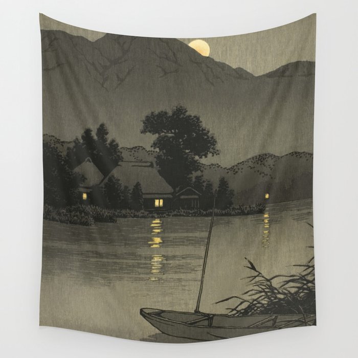 Hasui Kawase, Moon Over Lakeside - Vintage Japanese Woodblock Print Art Wall Tapestry