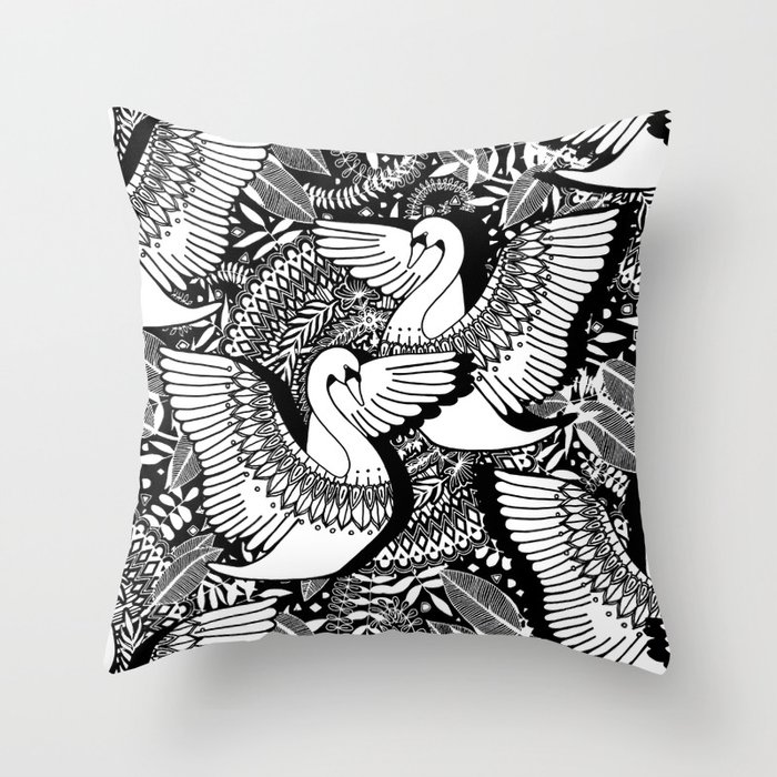 Stylish Swans in Monochrome Black and White Throw Pillow