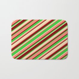 [ Thumbnail: Salmon, Maroon, Lime Green & Tan Colored Lines Pattern Bath Mat ]
