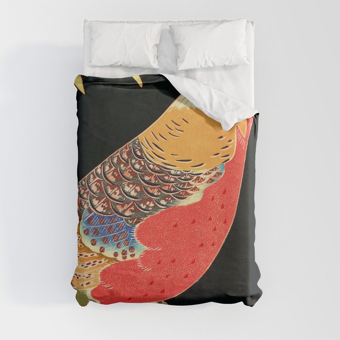 Golden Pheasant in the Snow - Japanese Vintage Woodblock Painting Duvet Cover