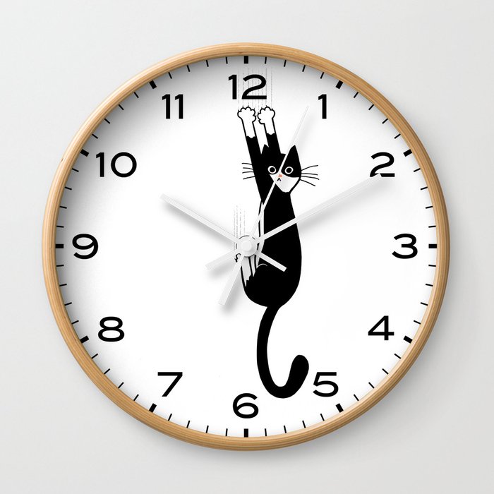 Black and White Cat Hanging On | Funny Tuxedo Cat Wall Clock