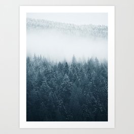 Majestic Winter Wonderland: Breathtaking View of Snowy Mountains and Enchanting Forest in the Mist Art Print