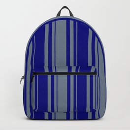 [ Thumbnail: Slate Gray and Blue Colored Lined Pattern Backpack ]