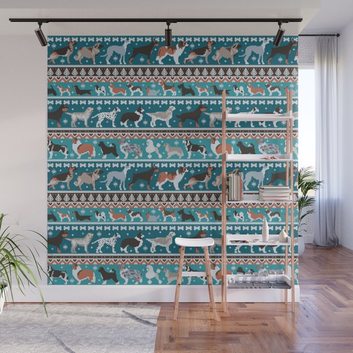 Fluffy and bright fair isle knitting doggie friends // teal background brown orange white and grey dog breeds  Wall Mural