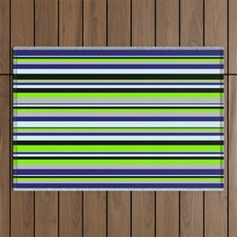 [ Thumbnail: Vibrant Chartreuse, Grey, Midnight Blue, Light Cyan & Black Colored Lined/Striped Pattern Outdoor Rug ]