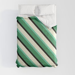 [ Thumbnail: Aquamarine, Sea Green, Black, and Beige Colored Lined/Striped Pattern Comforter ]