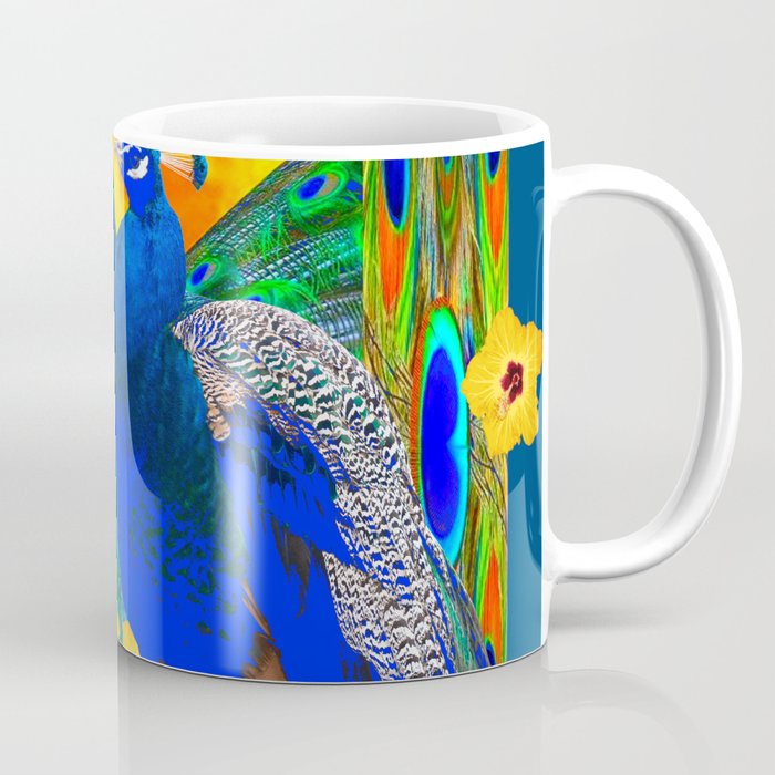 TEAL YELLOW HIBISCUS & BLUE PEACOCKS ART Coffee Mug