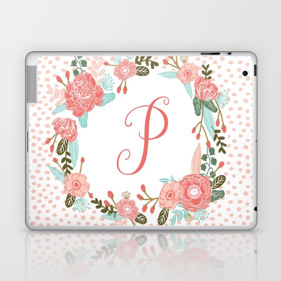 Monogram P - cute girls coral florals flower wreath, coral florals, baby girl, baby blanket Laptop & iPad Skin
